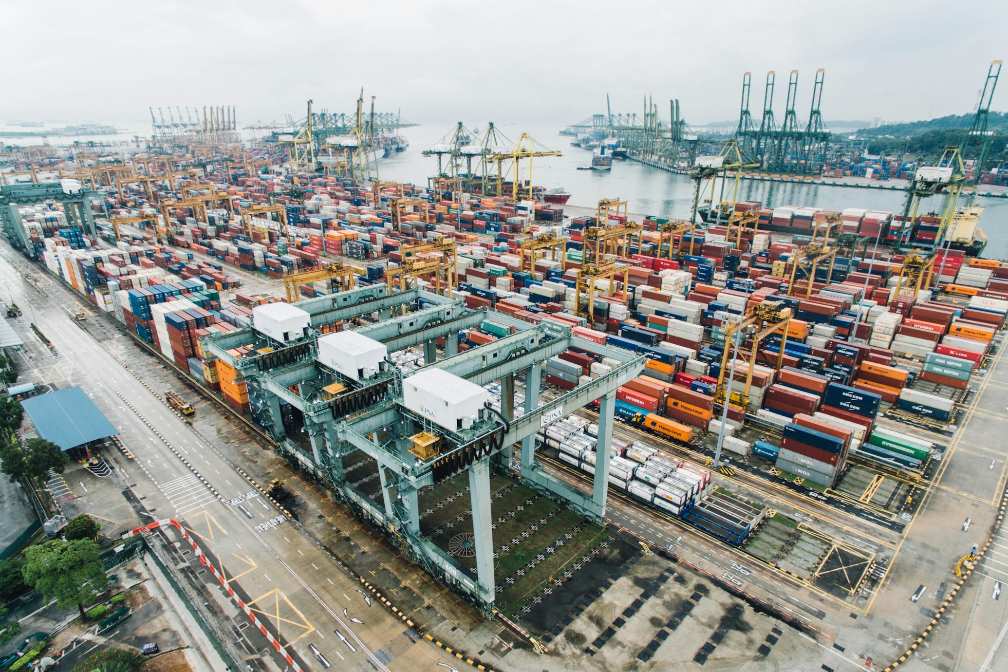 Container port with cranes and cargo operations